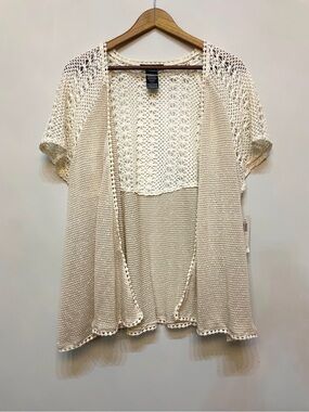 N4. Style & Co. Neutral Crochet Short-Sleeve Cardigan in Light Beige